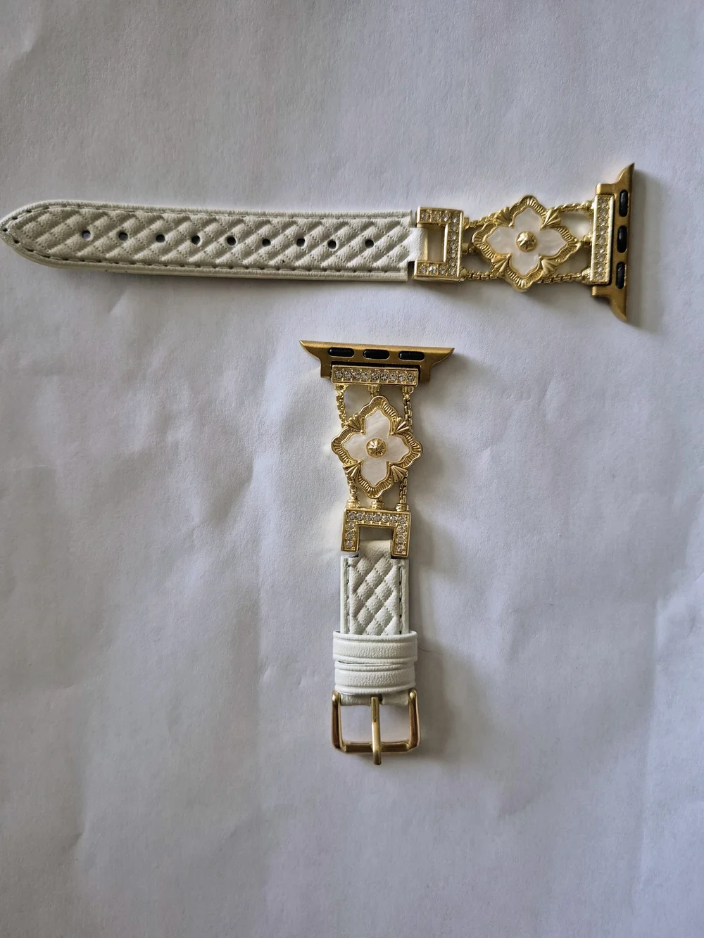 White Leather Watch Band with Gold Floral Connector